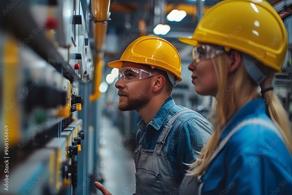 Focused Workers in Safety Gear Analyzing Control Panel in Industrial Setting Focused Workers in Safety Gear Analyzing Control Panel in Industrial Setting