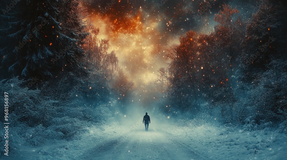 A solitary figure walks through a snowy forest under a fiery sky. A solitary figure walks through a snowy forest under a fiery sky.