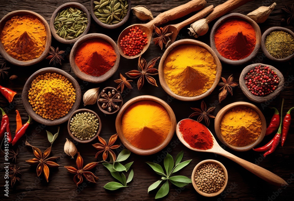 colorful arrangement vibrant spices ingredients flat design showcasing rich textures varied shapes, artistic, aromatic, assortment, background, bowl, bright colorful arrangement vibrant spices ingredients flat design showcasing rich textures varied shapes, artistic, aromatic, assortment, background, bowl, bright