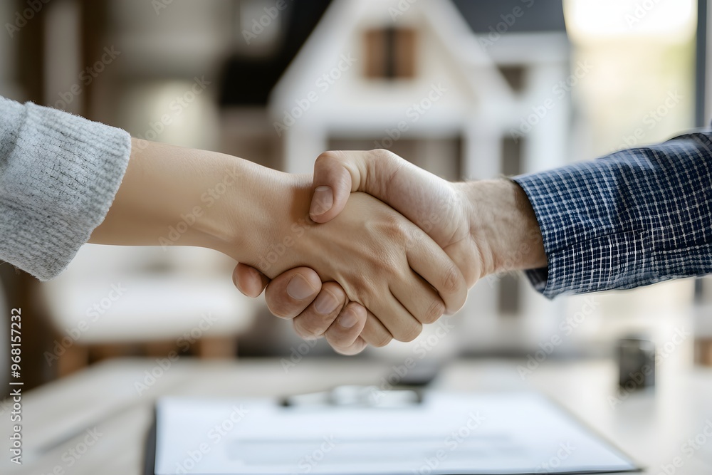 Sealed Deal: A close-up shot of a handshake, symbolizing a successful agreement, a new beginning, and a shared vision. A house model in the background hints at a real estate transaction, adding a laye Sealed Deal: A close-up shot of a handshake, symbolizing a successful agreement, a new beginning, and a shared vision. A house model in the background hints at a real estate transaction, adding a laye