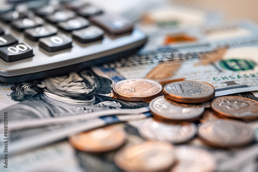 Financial Calculations with Cash and Coins on a Table Financial Calculations with Cash and Coins on a Table