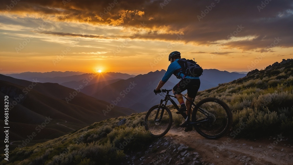 Mountain biker riding along a trail during a scenic sunset in the mountains Mountain biker riding along a trail during a scenic sunset in the mountains