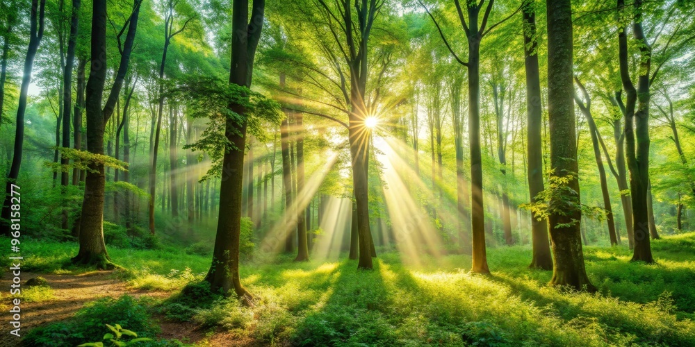 Sunbeams Through Forest Canopy, Sunlight, Woodland, Nature Sunbeams Through Forest Canopy, Sunlight, Woodland, Nature