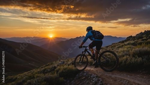 Mountain biker riding along a trail during a scenic sunset in the mountains