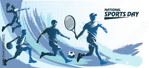 National sports day. Vintage banner with athletes playing football, basketball, tennis and volleyball. Background for holiday celebration. Hand drawn vector illustration in grunge style