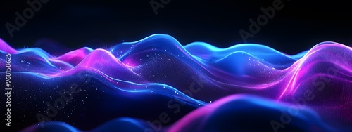 Abstract background with blue and purple glowing waves on a dark black background, an AI technology concept