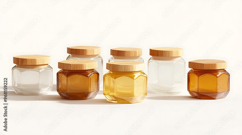 Eight small jars with hexagonal bottoms and wooden lids, arranged in a gradient from smallest to largest, isolated on a clean white background. Eight small jars with hexagonal bottoms and wooden lids, arranged in a gradient from smallest to largest, isolated on a clean white background.