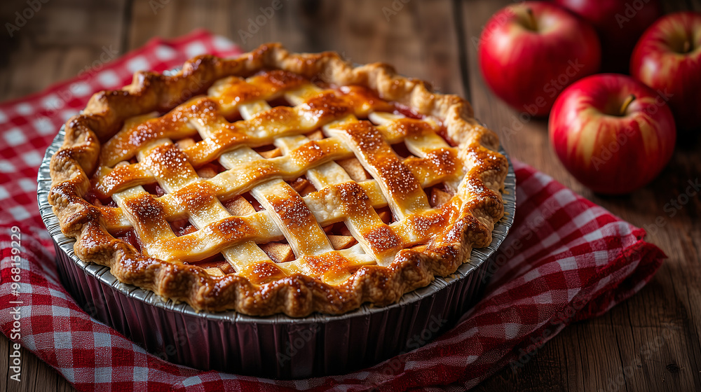 fresh homemade baked apple pie isolated on wooden table with red apples and autumn leaves on red and white checkered tablecloth fresh homemade baked apple pie isolated on wooden table with red apples and autumn leaves on red and white checkered tablecloth