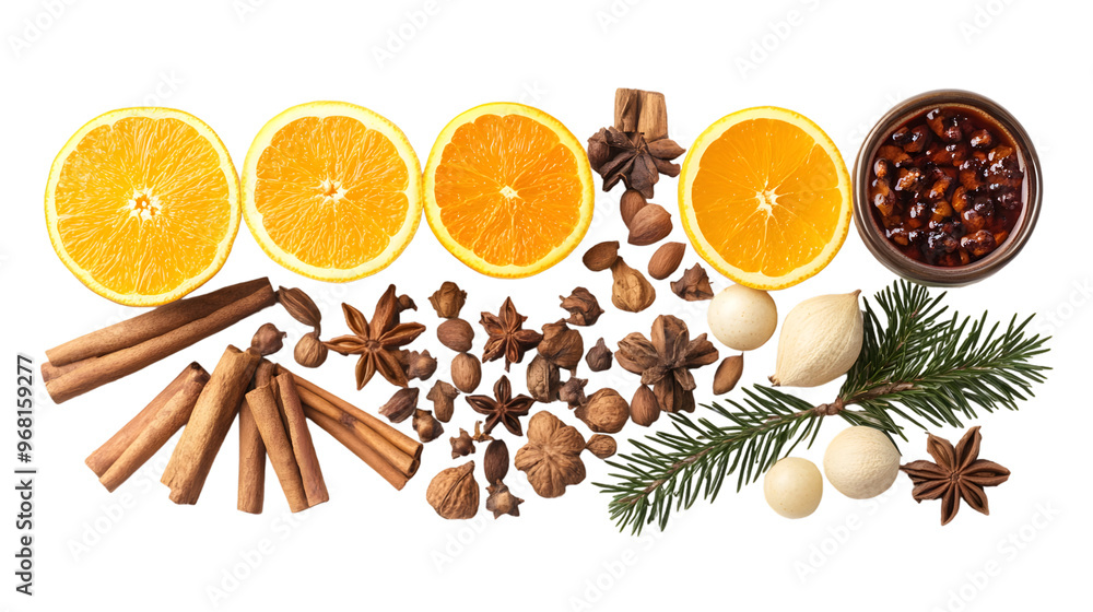 Ingredients for the traditional Christmas hot drink, mulled wine, isolated on white background Ingredients for the traditional Christmas hot drink, mulled wine, isolated on white background