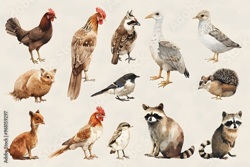 A Charming Collection of Birds and Small Animals in Watercolor Style