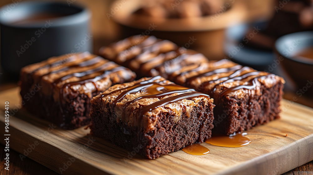 Brownies cake drizzled with gooey caramel and chocolate sauce on wooden board Brownies cake drizzled with gooey caramel and chocolate sauce on wooden board