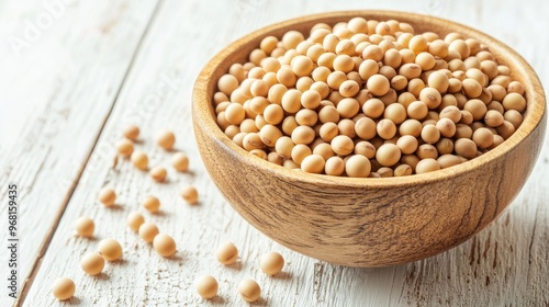 a wooden bowl filled with soyabean seeds