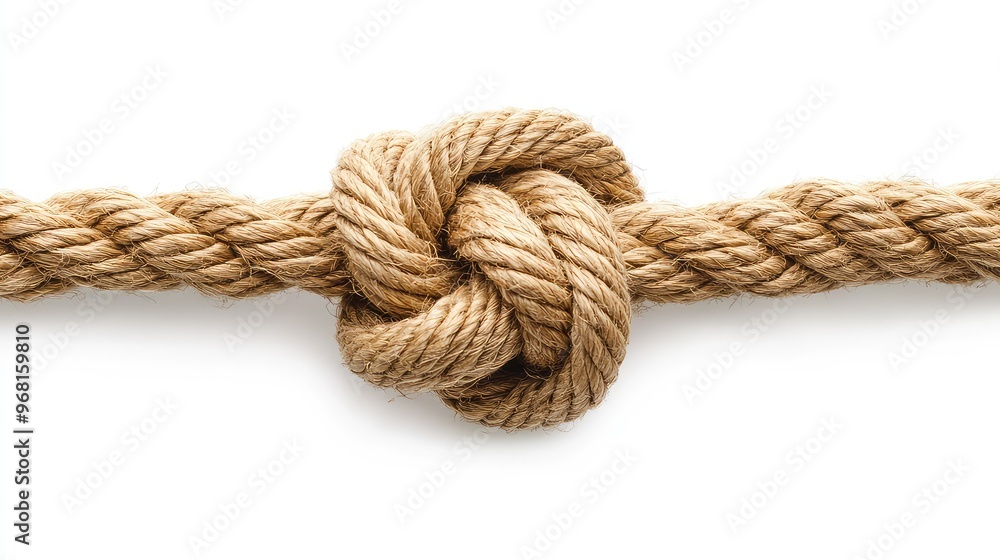 Close-Up Macro Image of a Rope Tied with a Knot Isolated on a White Background, Perfect for Nautical, Survival, and Crafting Themes Close-Up Macro Image of a Rope Tied with a Knot Isolated on a White Background, Perfect for Nautical, Survival, and Crafting Themes