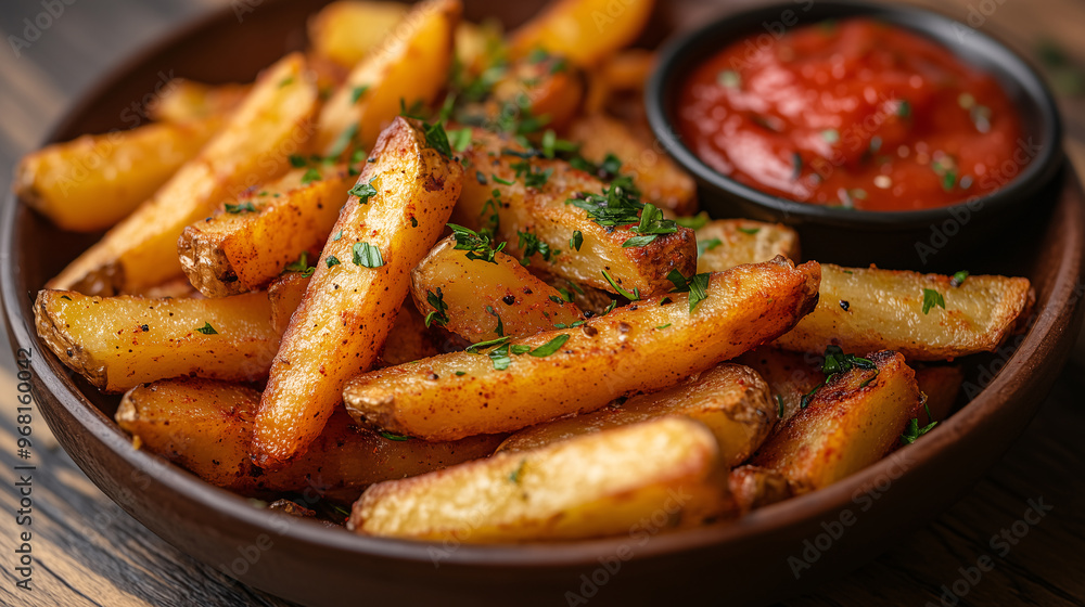 plate with fries, herbs and ketchup on wooden table plate with fries, herbs and ketchup on wooden table