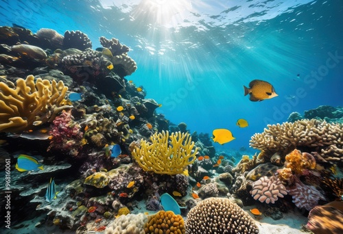 vibrant underwater ecosystem featuring bright colorful diverse marine life lively ocean setting, aquatic, biodiversity, coral, colors, creatures, depths