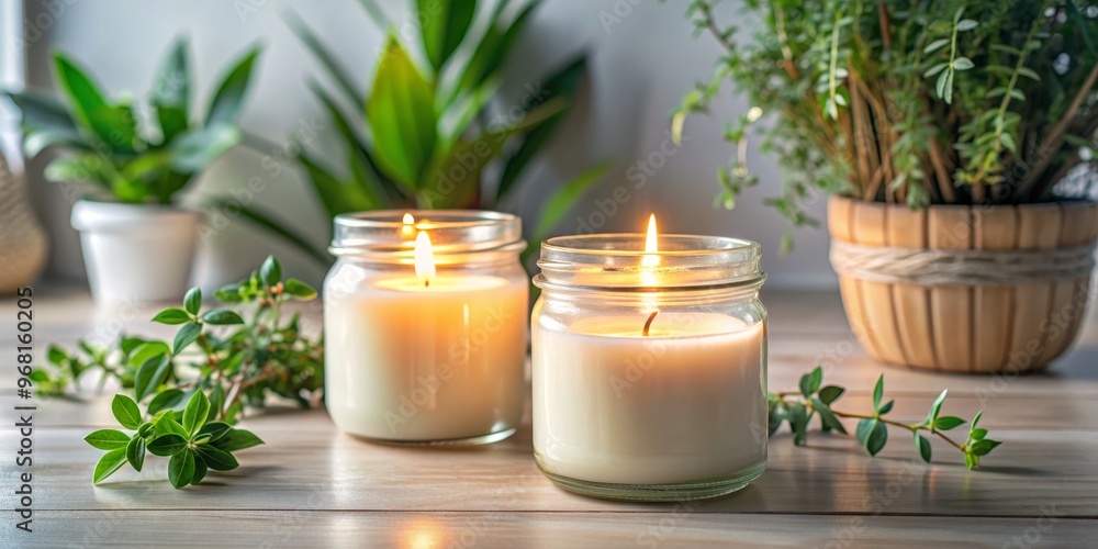 Two Burning Candles in Glass Jars Surrounded by Greenery, candle ,aromatherapy ,home decor Two Burning Candles in Glass Jars Surrounded by Greenery, candle ,aromatherapy ,home decor