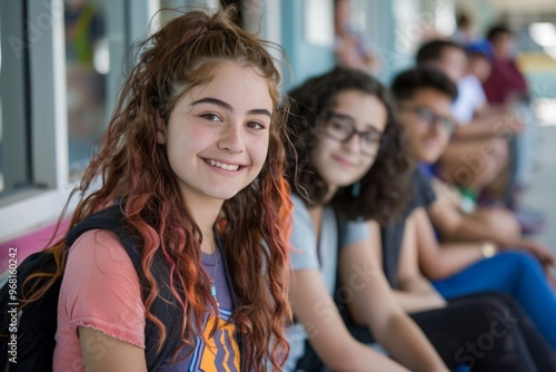 A girl with curly hair looks at the camera. Other people in the image are looking at her