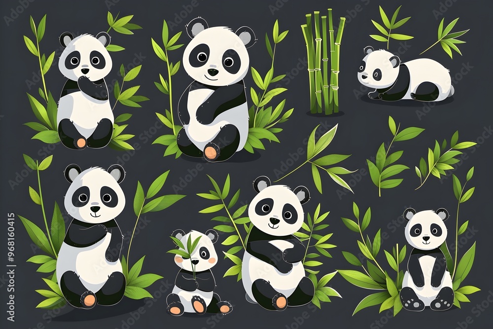 Obraz premium Adorable Cartoon Pandas Surrounded by Lush Bamboo and Greenery