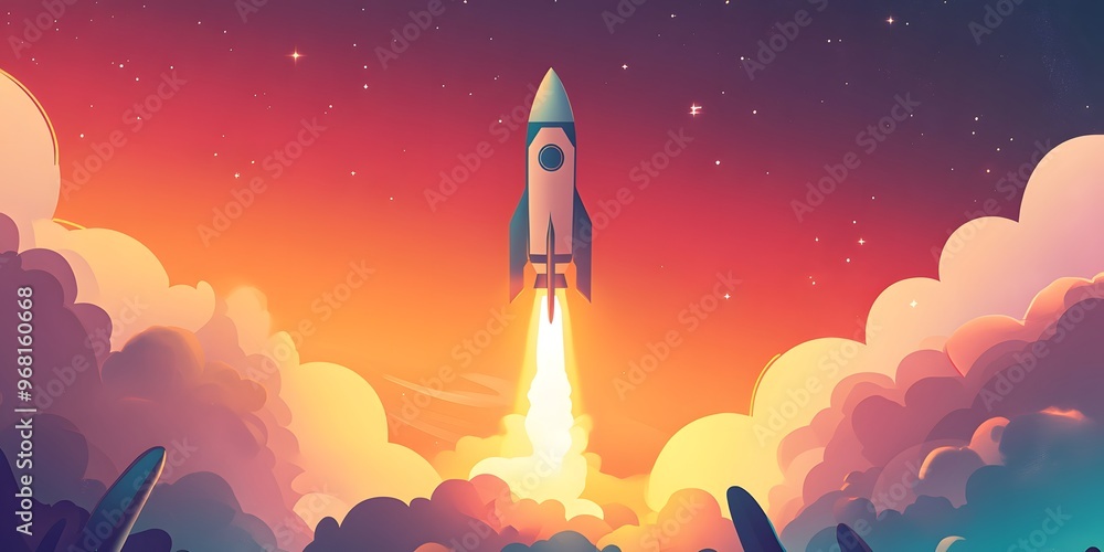 Fototapeta premium Space Rocket Flying Toward the Clouds