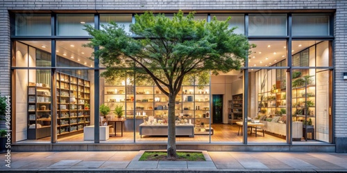 Urban Tree Canopy Through Storefront Windows, Brick Building, Store Display, Glass, Cityscape, Architecture , Retail photo