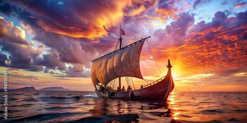 Viking Ship Sails into Fiery Sunset, Seafaring, Viking, Sunset