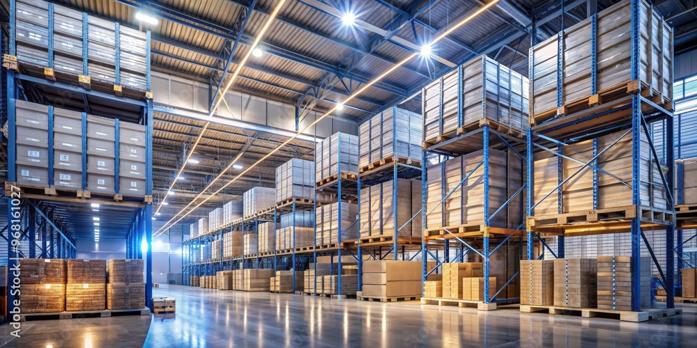 Warehouse Storage Shelves with Pallets of Cardboard Boxes, warehouse, logistics, storage Warehouse Storage Shelves with Pallets of Cardboard Boxes, warehouse, logistics, storage