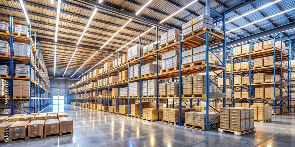 Warehouse Interior with Stacked Cardboard Boxes on Metal Shelving, wide shot, blue and yellow, industrial interior, warehouse, distribution, logistics Warehouse Interior with Stacked Cardboard Boxes on Metal Shelving, wide shot, blue and yellow, industrial interior, warehouse, distribution, logistics