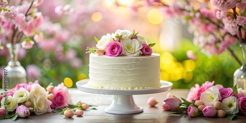 White Cake with Pink and White Flowers, Spring Wedding, Dessert Table, Floral Decor, Cake Decoration. , spring wedding, cake decoration