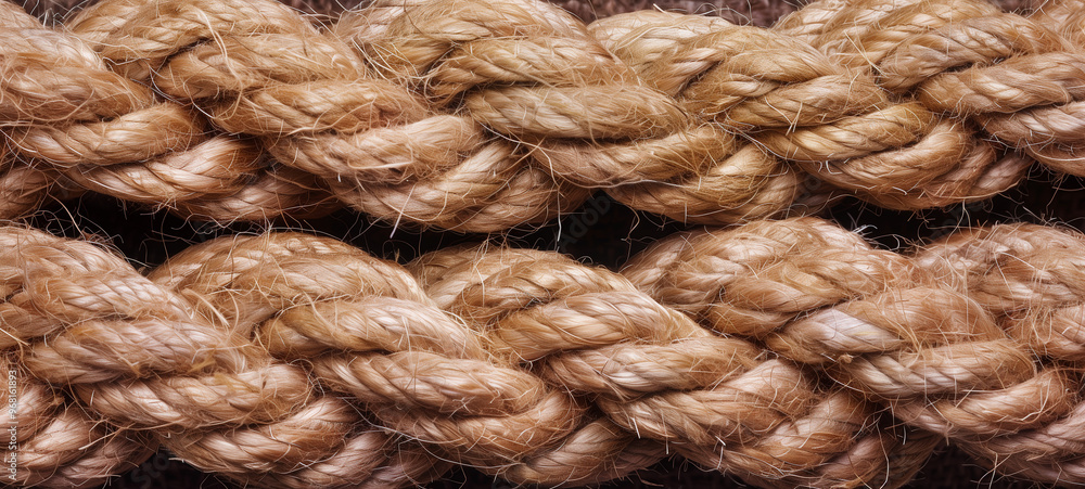 Top view of texture of rough hand-knotted jute rope with thick fibers twisted tightly, giving a natural and rustic appearance Top view of texture of rough hand-knotted jute rope with thick fibers twisted tightly, giving a natural and rustic appearance