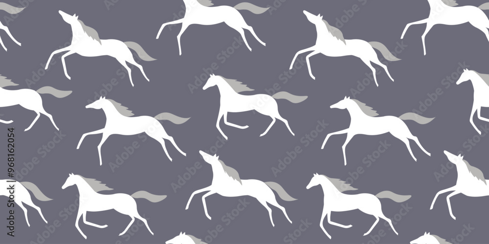 Seamless pattern with running silhouettes of horses. The herd of animals moves forward. Vector graphics. Seamless pattern with running silhouettes of horses. The herd of animals moves forward. Vector graphics.
