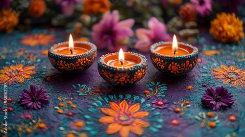 oil lamps with colorful Diwali background