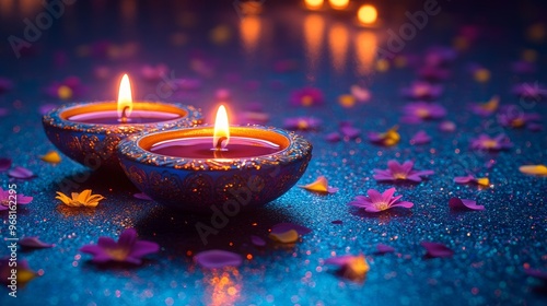 lit oil lamps and flowers Diwali background