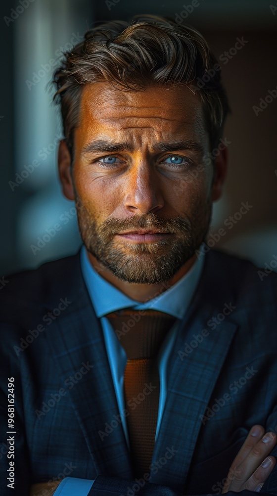 Man with a beard and a suit jacket, job interview, portrait, vertical background Man with a beard and a suit jacket, job interview, portrait, vertical background