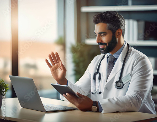 A dynamic image of a doctor consulting with a patient via a video call on a tablet, highligh photo