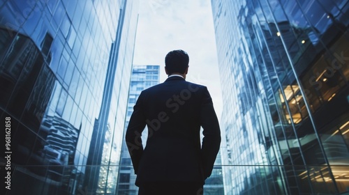 Businessman looking over cityscape from office building