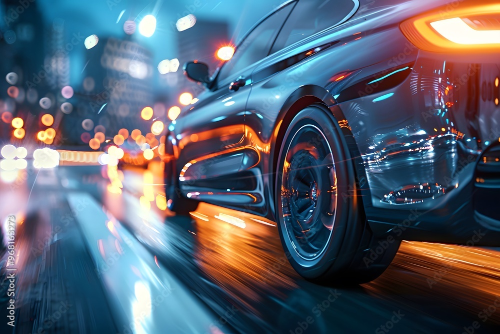 Dynamic Night Drive: A Sleek Car in Motion Through a Vibrant Cityscape Dynamic Night Drive: A Sleek Car in Motion Through a Vibrant Cityscape