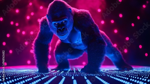 Illuminated glowing gorilla against dark with light pattern image photo