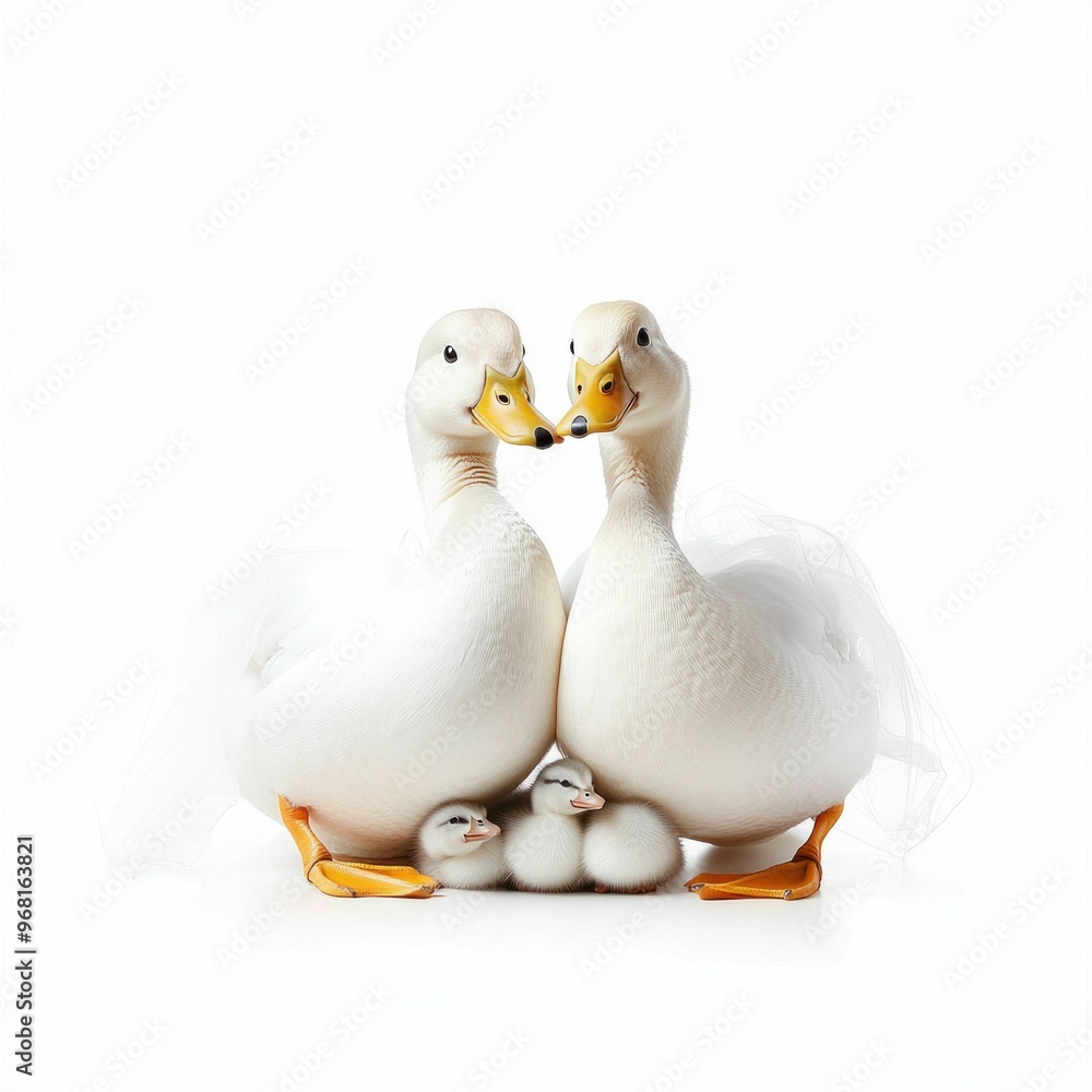 Duck family with ducklings on white background Duck family with ducklings on white background