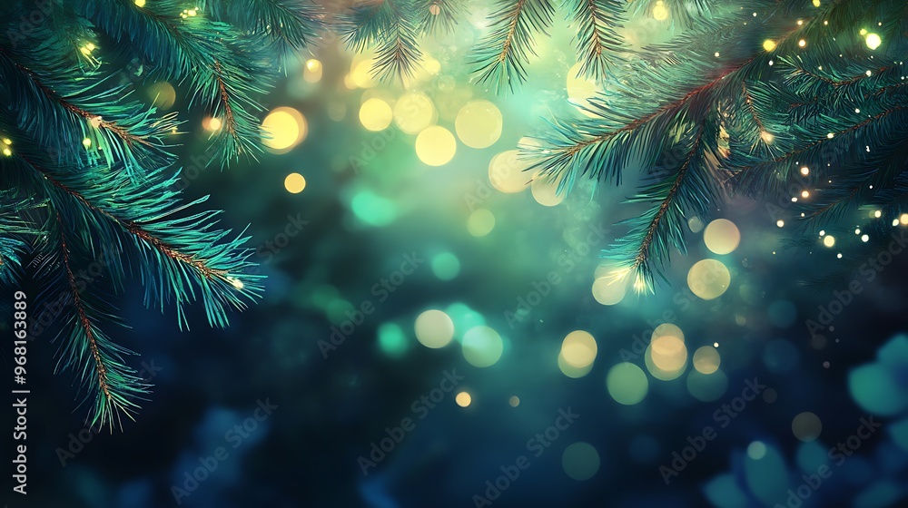 Fototapeta premium Christmas blue pine forest foliage background. Green garden trees wedding invitation. Bokeh lights art. Generative Ai