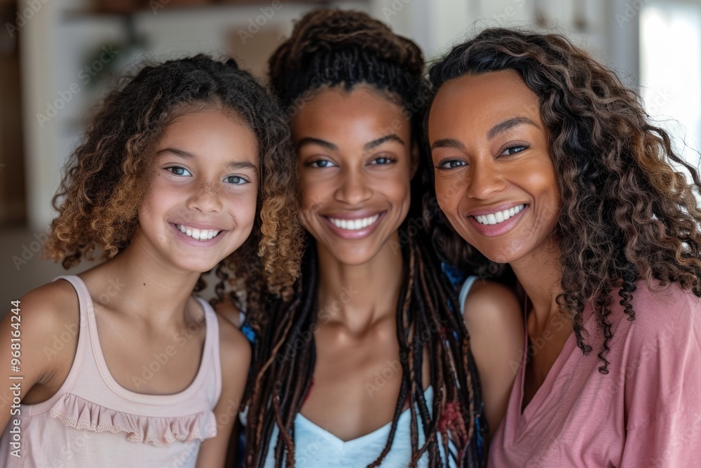 Fototapeta premium Portrait of a joyful family with a child, showcasing love in a diverse, multiracial relationship. Celebrating pride, support, and the bond of motherhood in a happy home