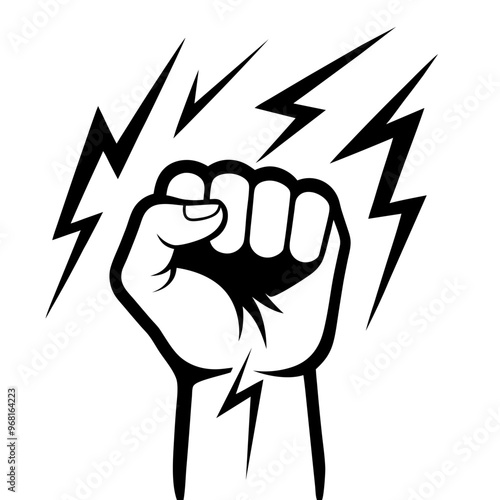 Protest fist with lightning. People protesting for human rights, equality anti-discrimination movement. Clenched fist raised up. Gym logo. Vector illustration.