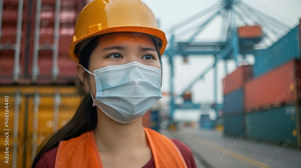 Checklist for planning cargo distribution, shipping, and manufacturing logistics during a pandemic, featuring a female engineer focused on safety and virus protection Checklist for planning cargo distribution, shipping, and manufacturing logistics during a pandemic, featuring a female engineer focused on safety and virus protection