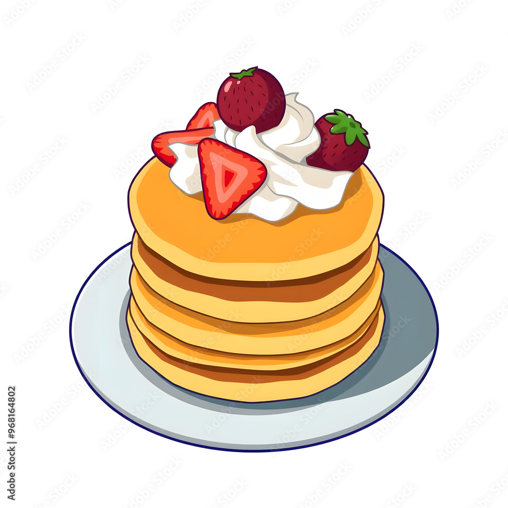 Pancakes topped with strawberries and whipped cream on a plate Pancakes topped with strawberries and whipped cream on a plate