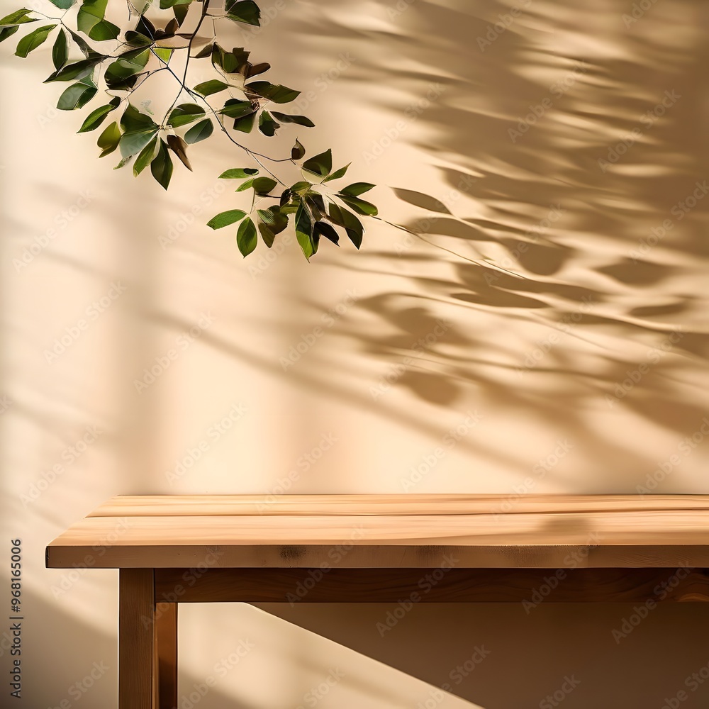 Wood table surface with soft tree leaf shadows on a beige textured wall. Wood table surface with soft tree leaf shadows on a beige textured wall.