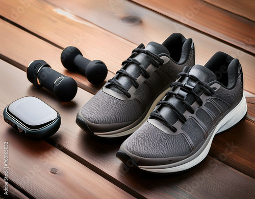 A set of running shoes, a fitness tracker, and wireless earbuds, laid out on a wooden surfac photo