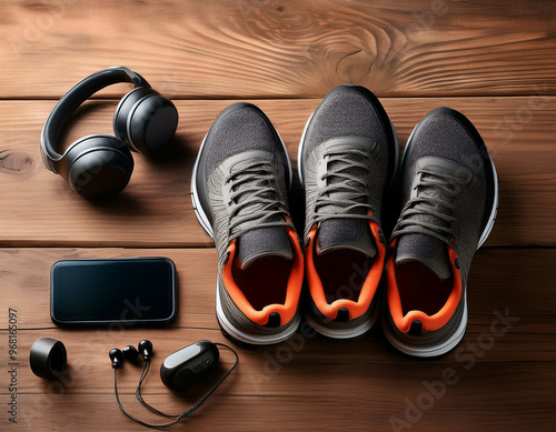 A set of running shoes, a fitness tracker, and wireless earbuds, laid out on a wooden surfac photo