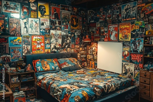 A Bed with Comic Book Bedding and a Wall Covered in Posters