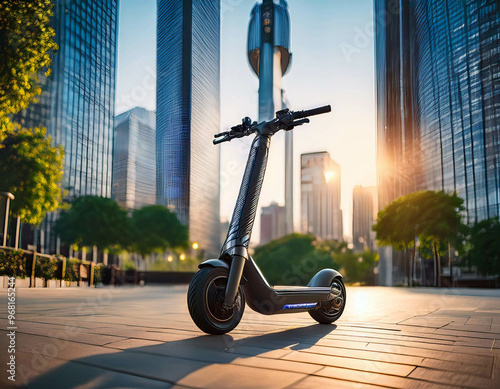 A sleek electric scooter parked in an urban environment, with skyscrapers and bustling city