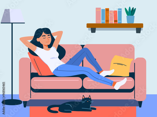 Young woman laying on a couch chilling with cat 