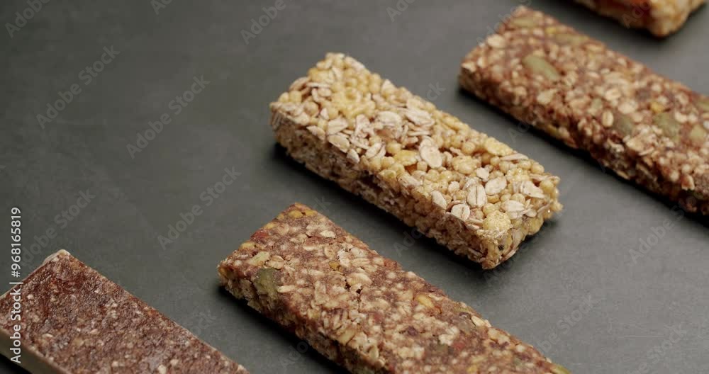 Assorted granola bars on a dark surface. Perfect healthy snack options for a quick energy boost. Includes various flavors and ingredients.Close Up of Assorted Granola Bars On Dark Surface Ready to Eat Assorted granola bars on a dark surface. Perfect healthy snack options for a quick energy boost. Includes various flavors and ingredients.Close Up of Assorted Granola Bars On Dark Surface Ready to Eat
